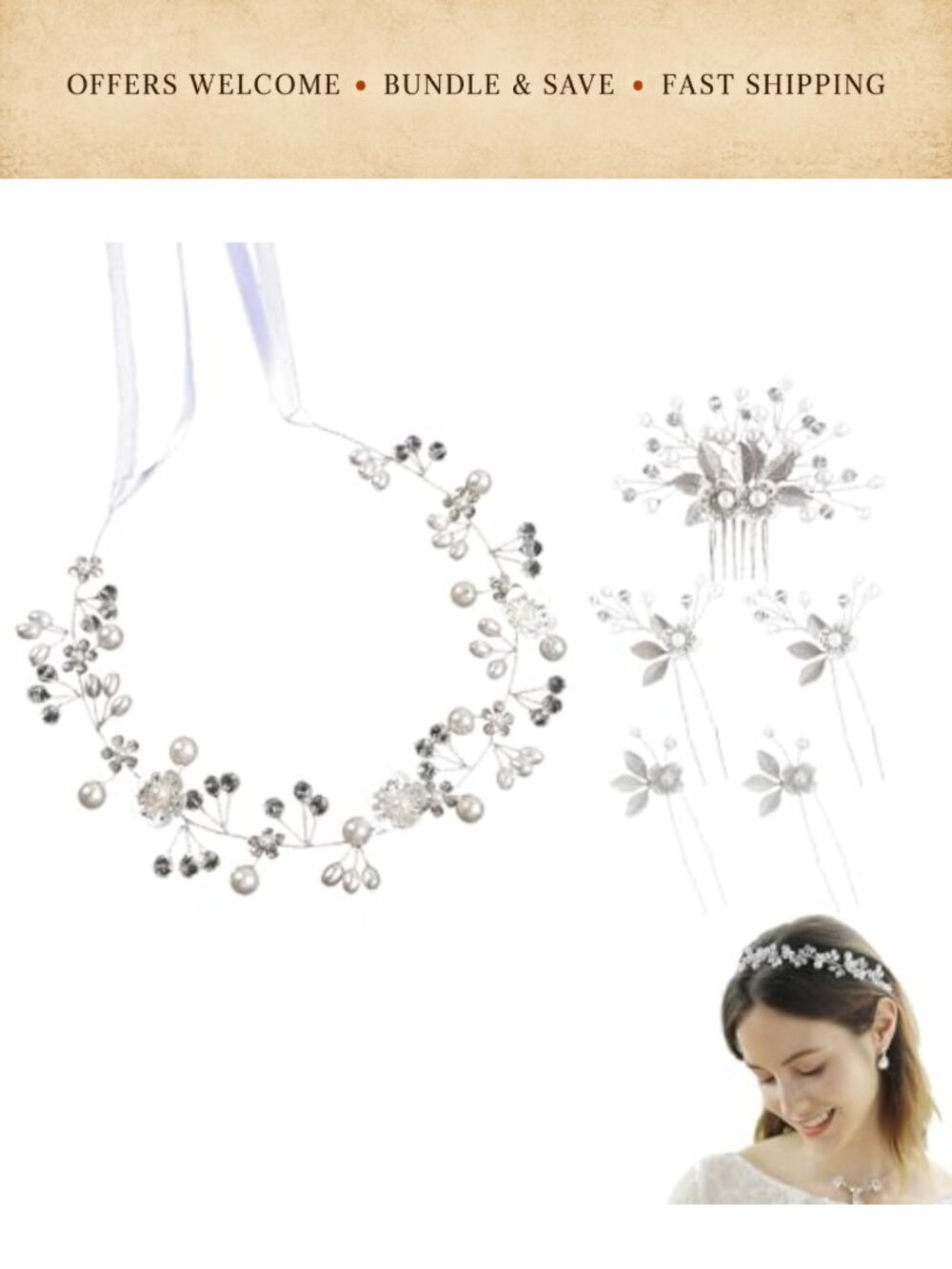 5 Piece Bridal Hair Accessories Set Pearl Rhinestone Headband Hair Comb Clips